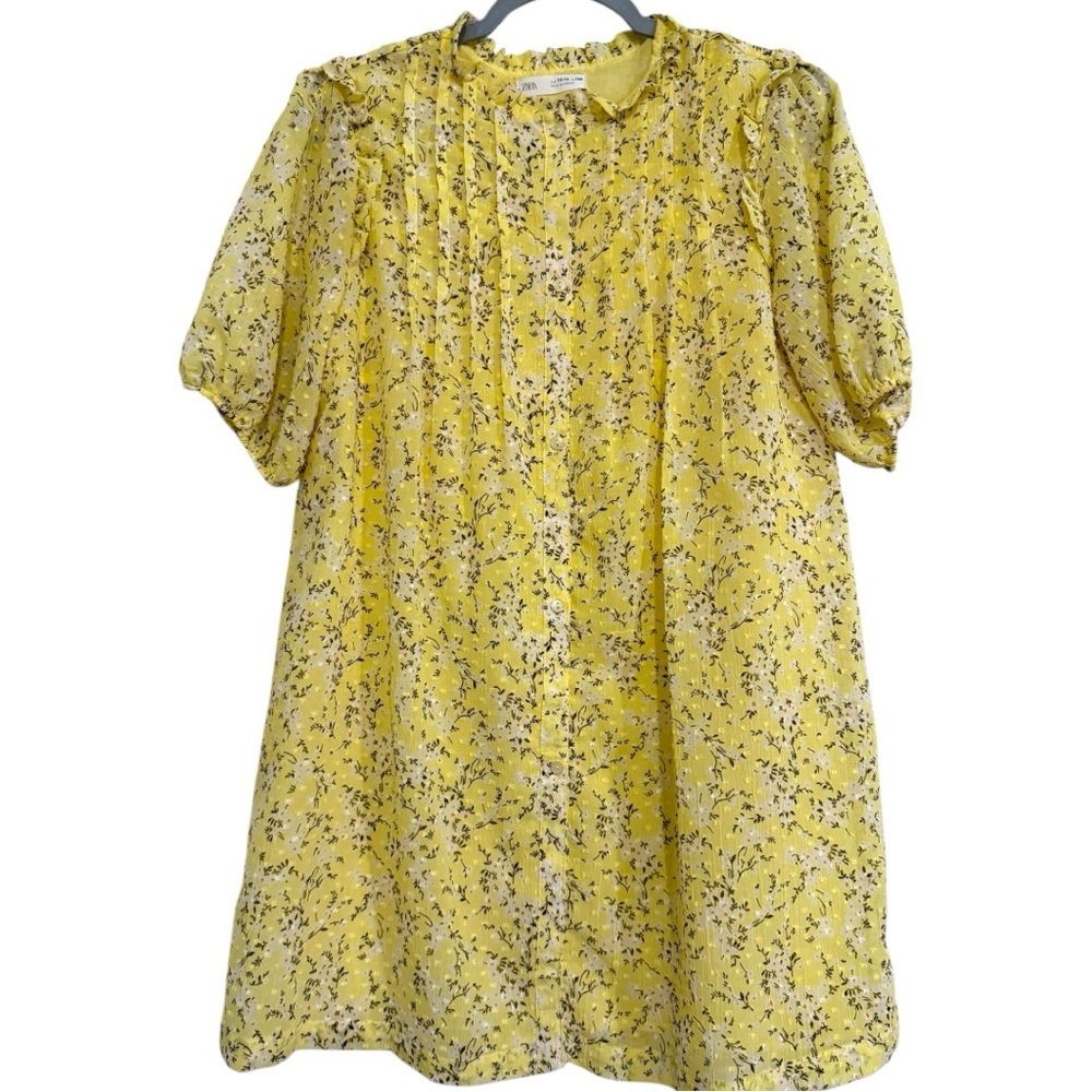 ZARA Girls Yellow Babydoll Dress Size 13-14 Textured Floral